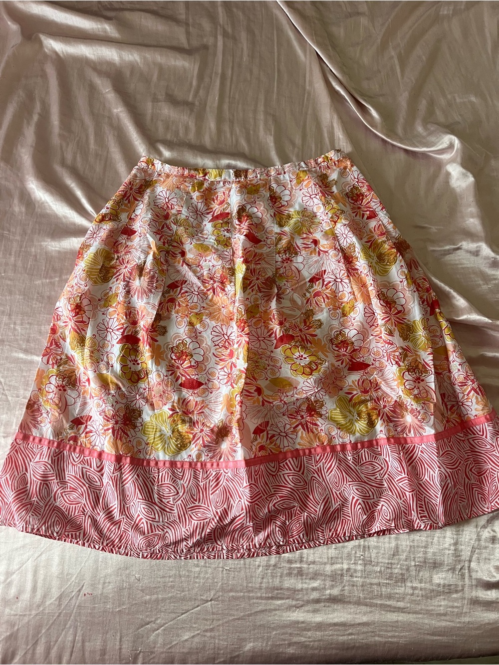Floral Pink and Yellow A-Line Skirt with Printed Hem